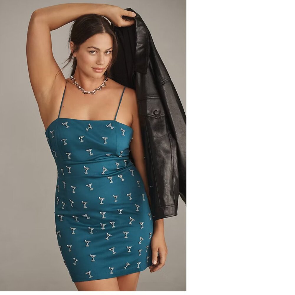 Anthropologie Teal Mini Dress with Martini Print